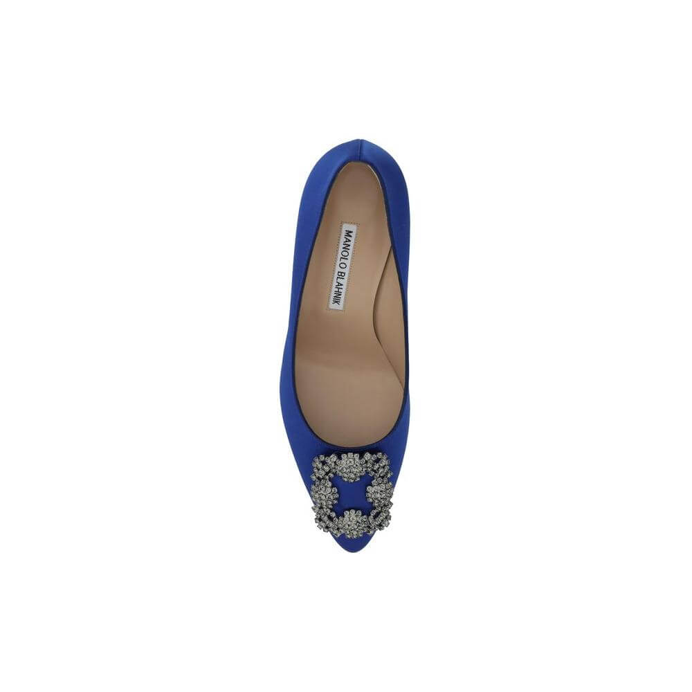 Blue Manolo Blahnik Hangisi Pump with Swarovski crystal buckle on almond toe and leather stiletto heel.