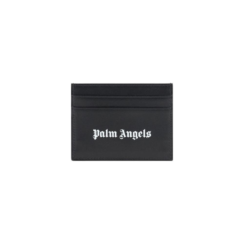 Palm Angels leather card holder with card slots on front and back, featuring iconic brand monogram printed on front in black.