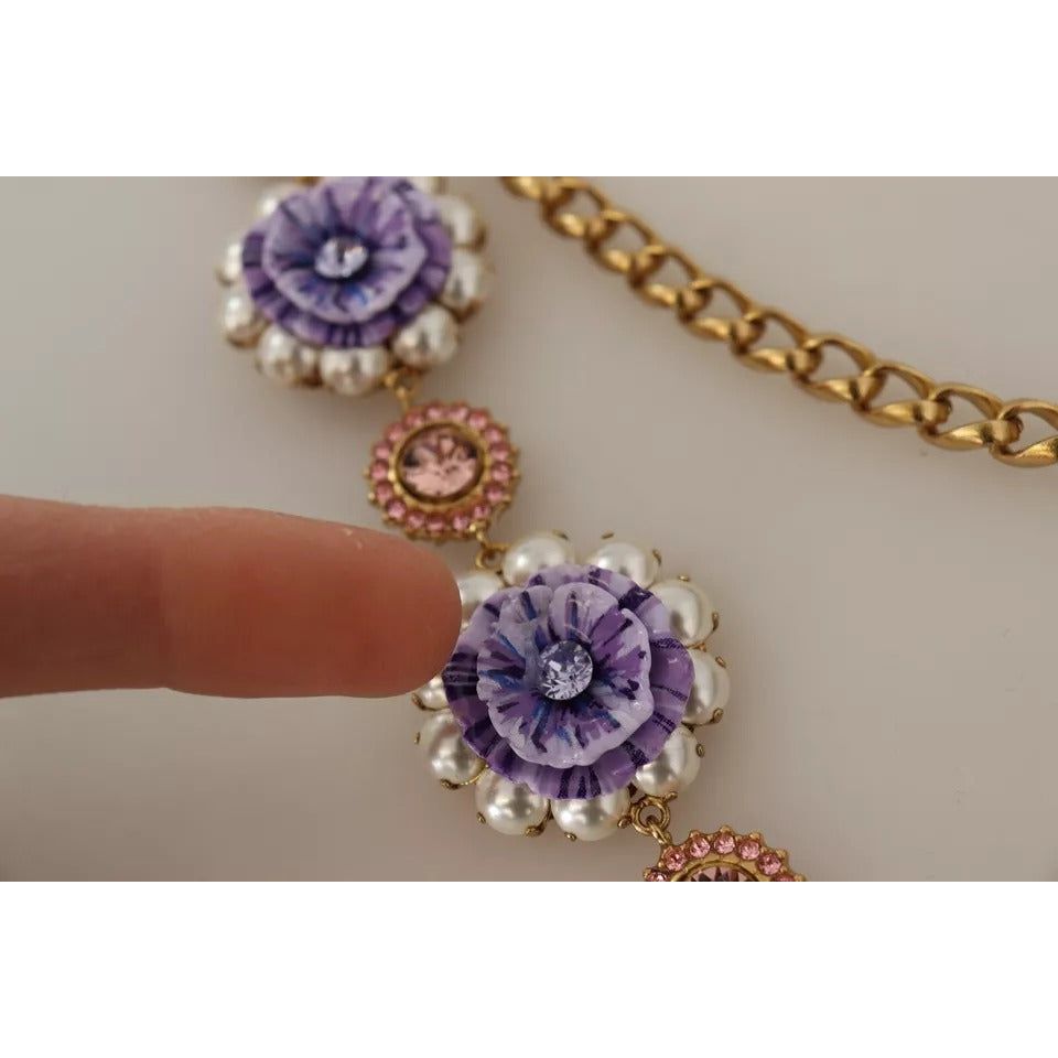Dolce & Gabbana Gold Tone Floral Crystals Purple Embellished Necklace