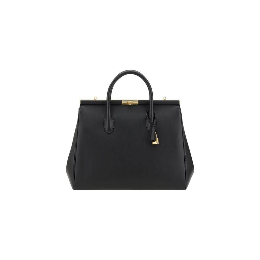 Dolce & Gabbana Marlene handbag, elegant black leather with gold-plated clasp, features top handles and removable shoulder strap.