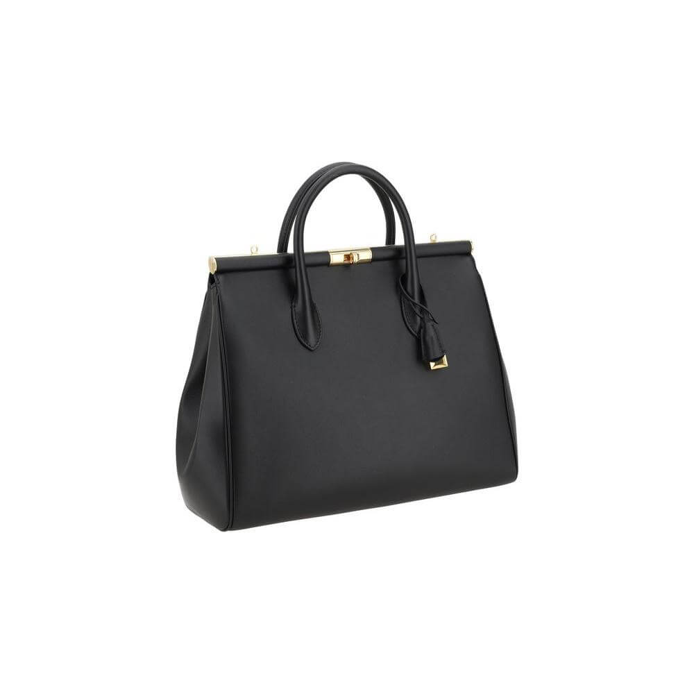 Dolce & Gabbana Marlene Handbag in black leather with tubular top handles and gold-plated metal swivel closure.
