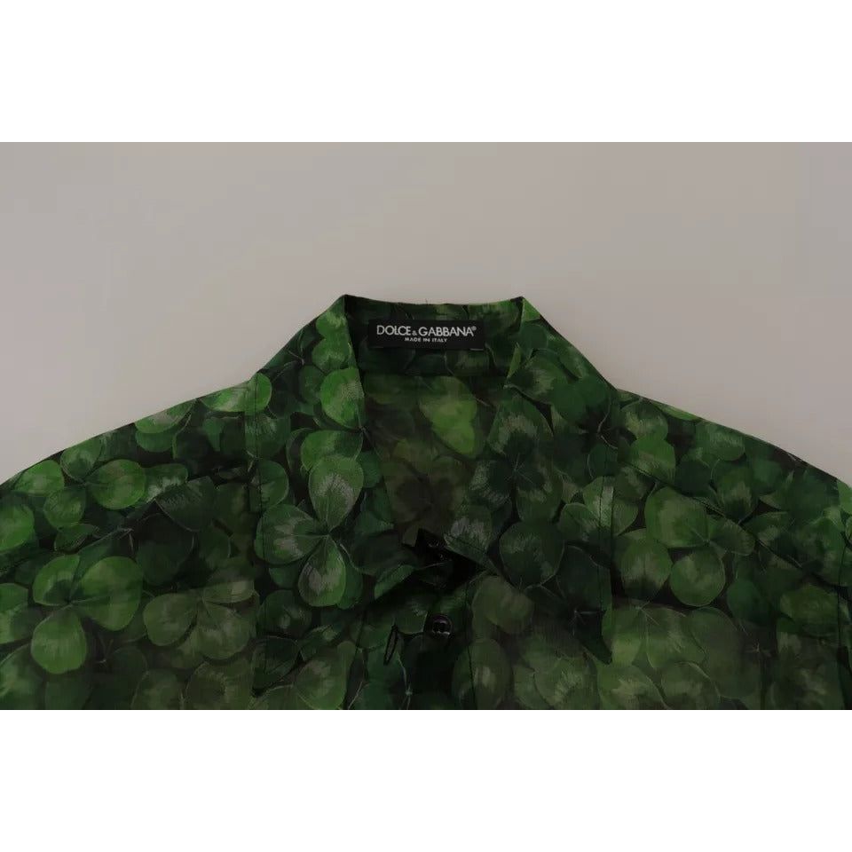 Dolce & Gabbana Green Clover Print Long Sleeves Collared Top Blouse TSH7863-38