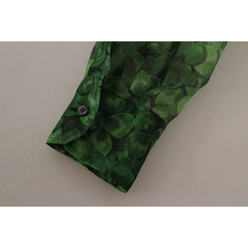 Dolce & Gabbana Green Clover Print Long Sleeves Collared Top Blouse TSH7863-38