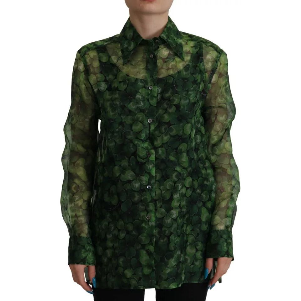 Dolce & Gabbana Green Clover Print Long Sleeves Collared Top Blouse TSH7863-38