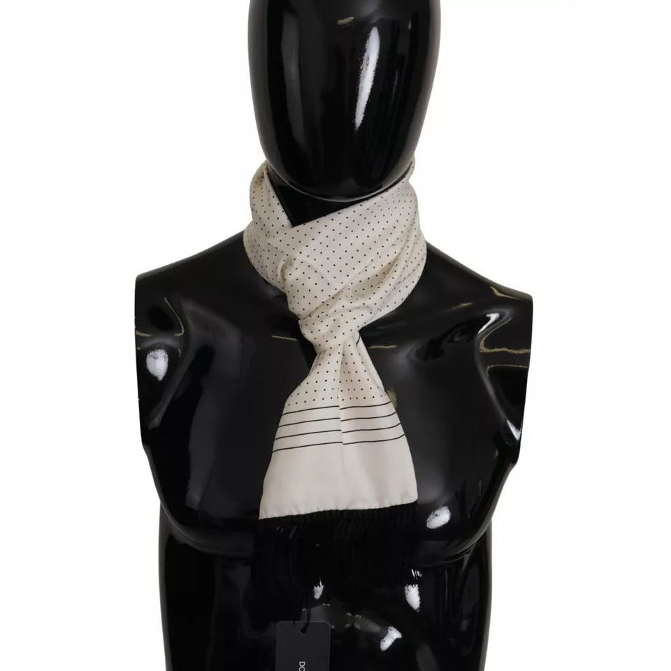 Dolce & Gabbana White Polka Dots Pattern Silk Fringes Wrap Scarf MS6168