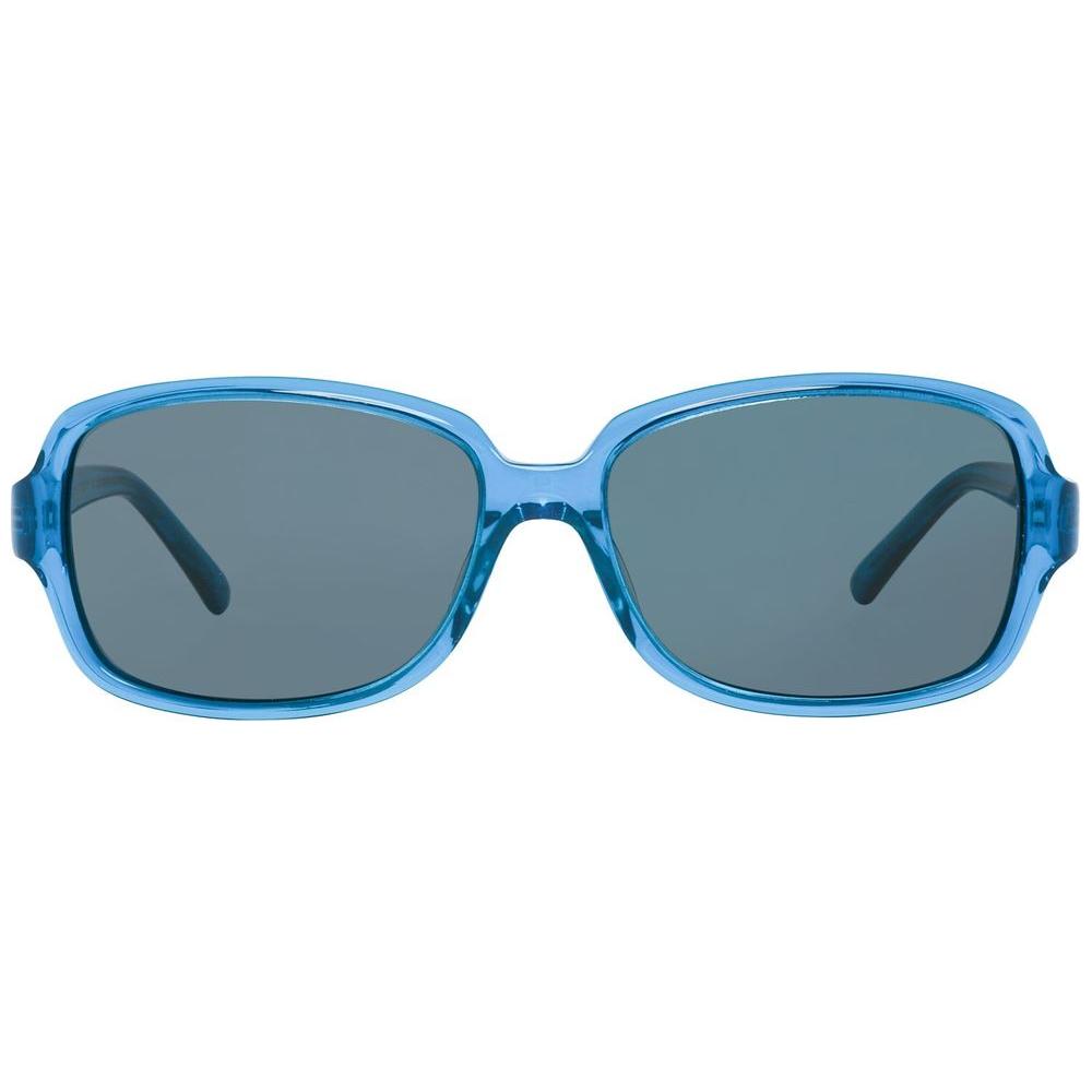 Oval blue plastic sunglasses for women with grey lenses, offering 100% UVA & UVB protection, 56/16/135mm size. Model MM54322-56400.