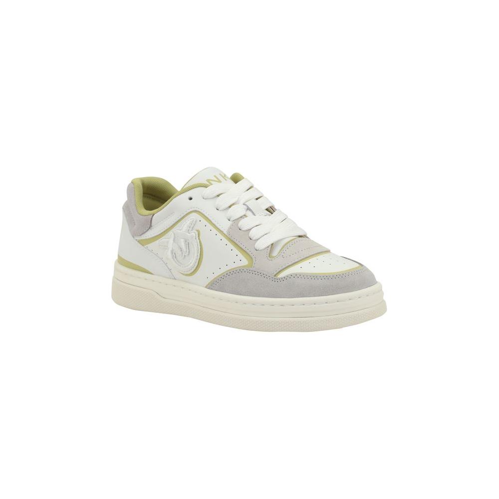 White and grey Pinko Mandy Sneakers with lace-up closure and perforated design, featuring a signature logo on the side.