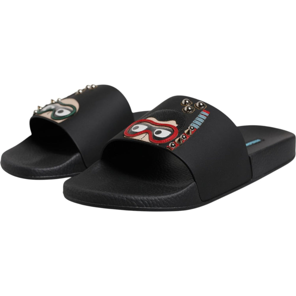 Dolce & Gabbana Black Divers Leather Flats Slides Sandals Beachwear Shoes MV6766-43