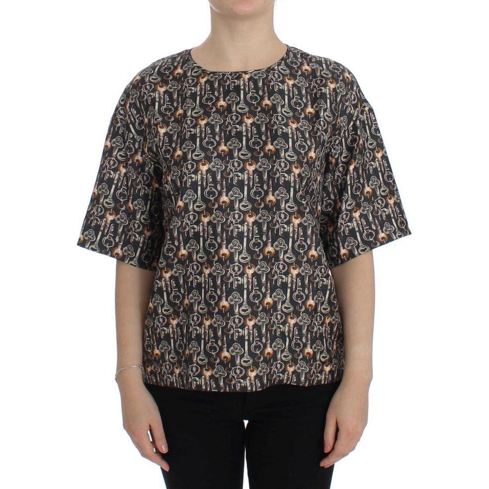 Dolce & Gabbana Gray Gold Key Print Silk Blouse T-shirt SIG13324-2