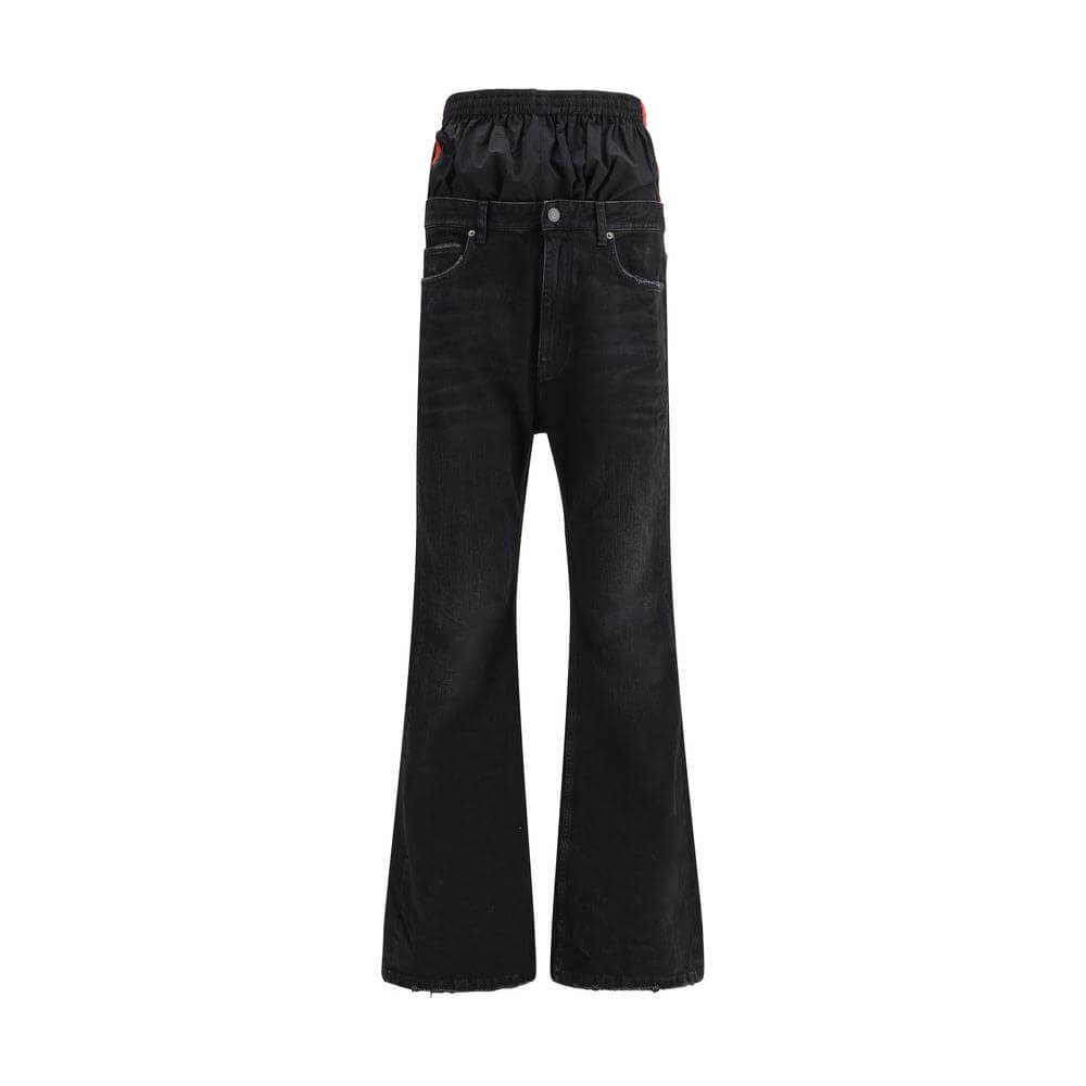 Balenciaga Layered Jeans with double-layered waist, featuring elastic waistband and classic five-pocket design in black.