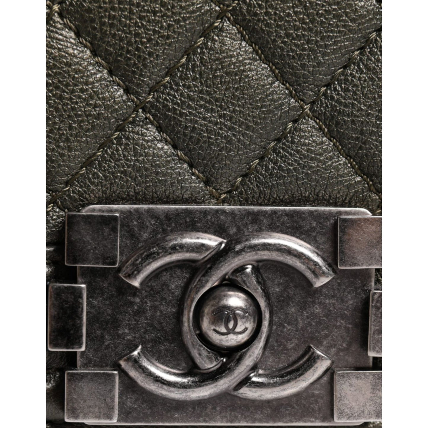 Chanel Dark Green Leather Shoulder Bag Gray Metal Purse Bag