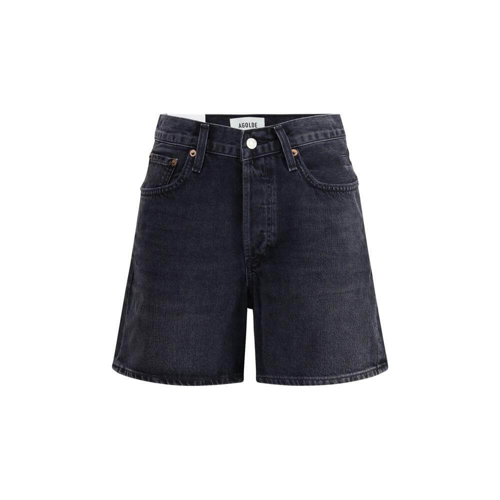 Agolde V-waist shorts with five pockets, front zip, button closure, and belt loops for customizable fit. Perfect summer fashion.