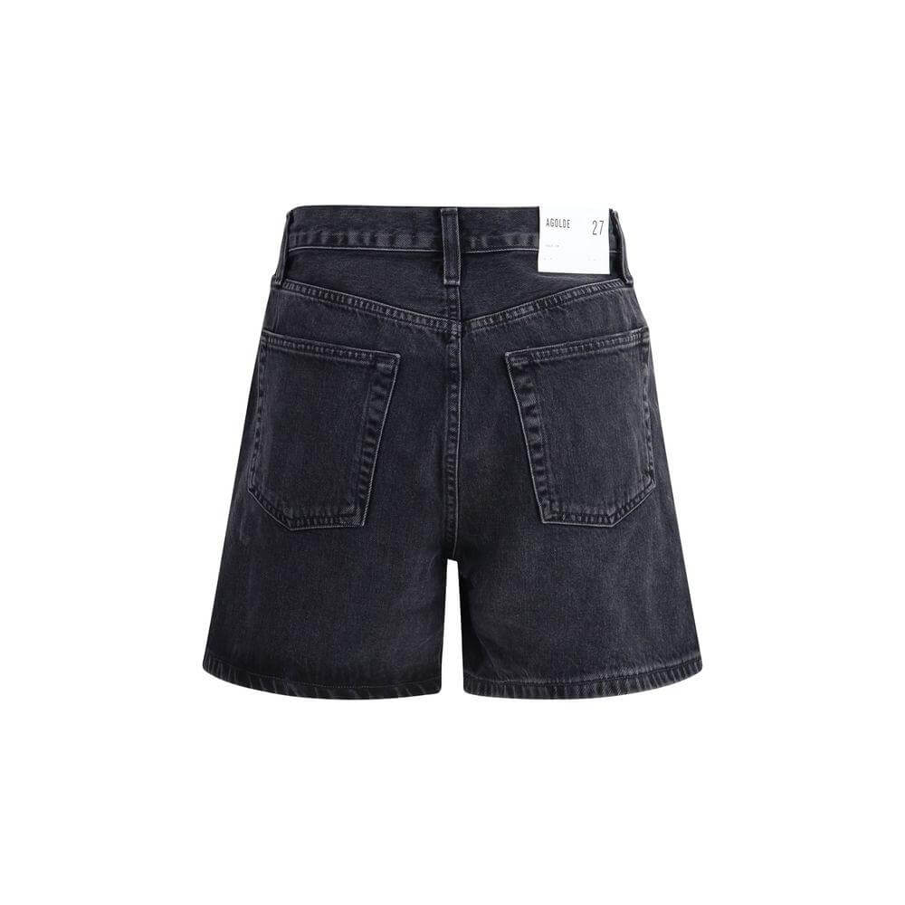 Black Agolde V-waist shorts with five pockets, back view, showing belt loops and distinctive silhouette. Perfect for casual summer wear.