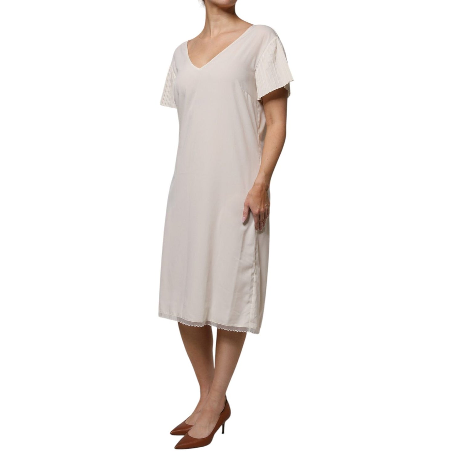 Peserico Off White Short Sleeves V-neck Shift Midi Dress