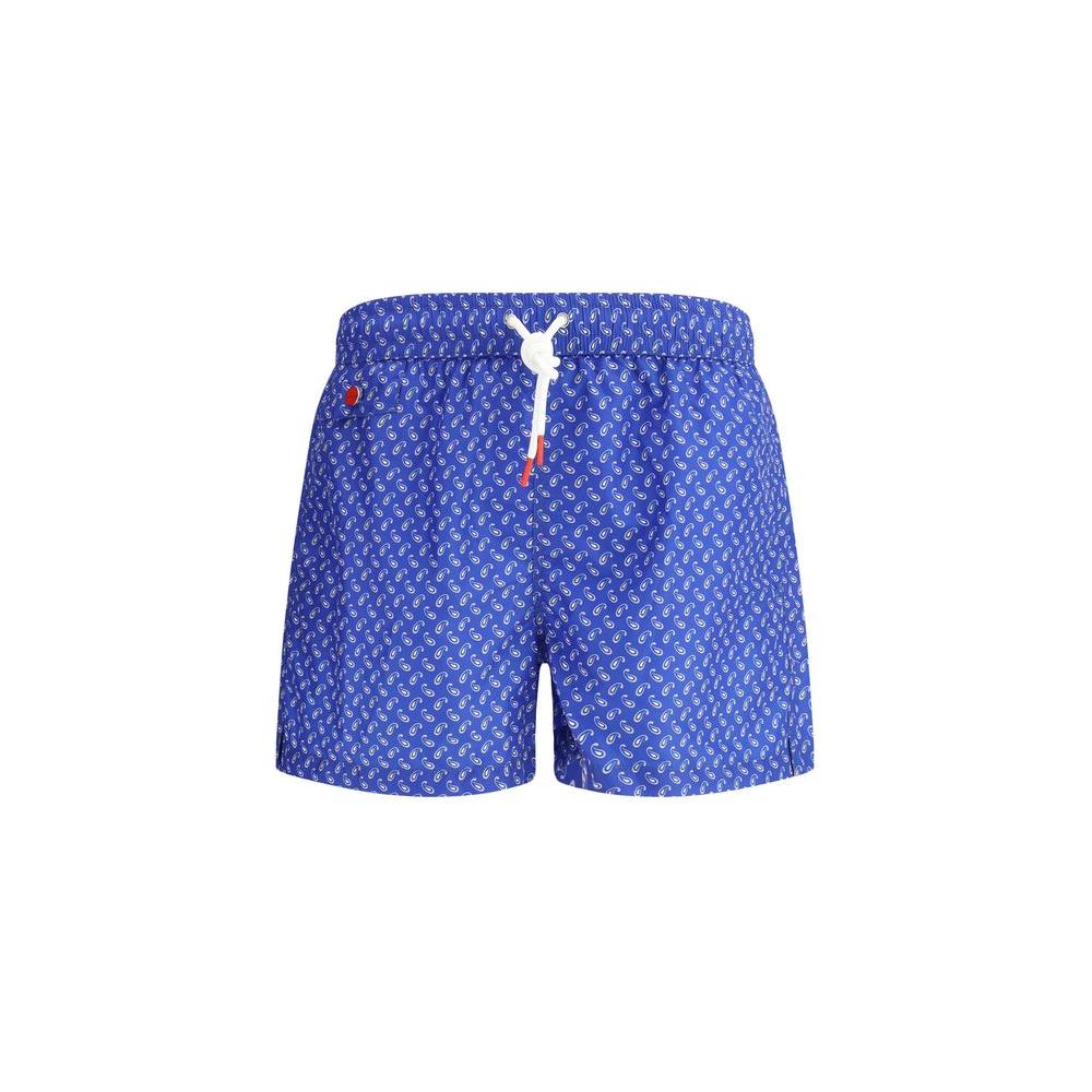 Kiton Logoed Swimshort in blue with adjustable waistband, side and back pockets, featuring iconic embroidered monogram.