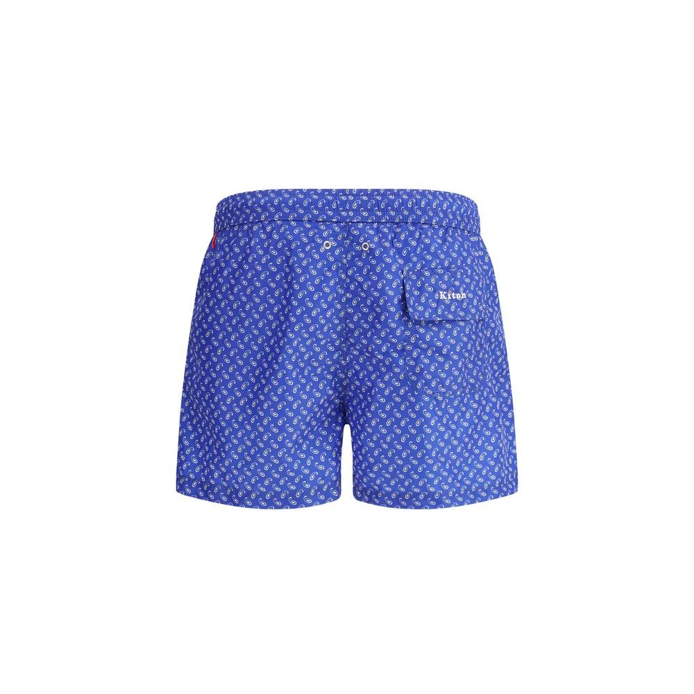 Alt Tag: Kiton blue swimshorts with monogram pattern and adjustable waistband, featuring a back pocket with embroidered logo.