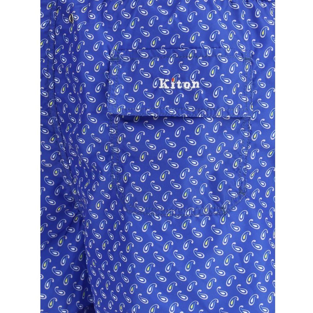 Kiton logoed swimshort with blue patterned design, featuring back flap pocket with embroidered monogram for added luxury and style.