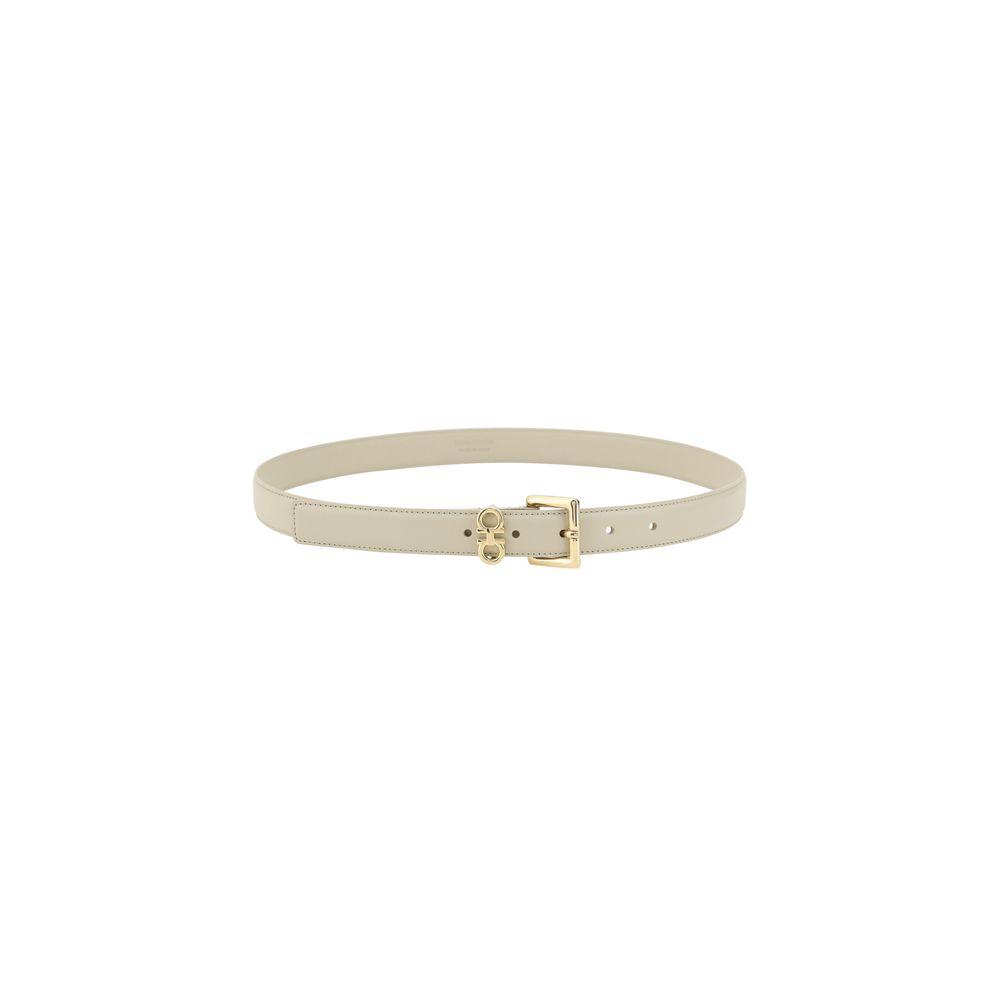 Ferragamo double hook buckle belt in smooth leather, elegant accessory with adjustable fit and refined contemporary design.