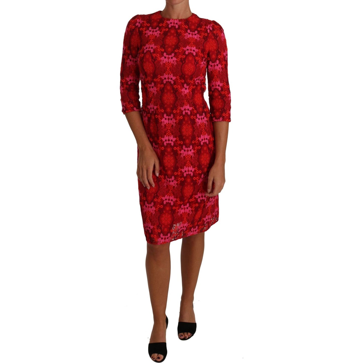 Dolce & Gabbana Floral Crochet Lace Red Pink Sheath Dress