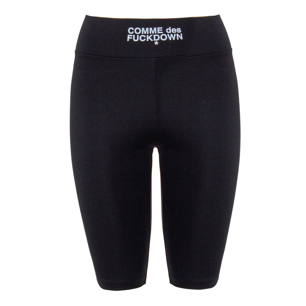 Comme Des Fuckdown black stretch leggings with logo print, slim fit, made in Italy, front view