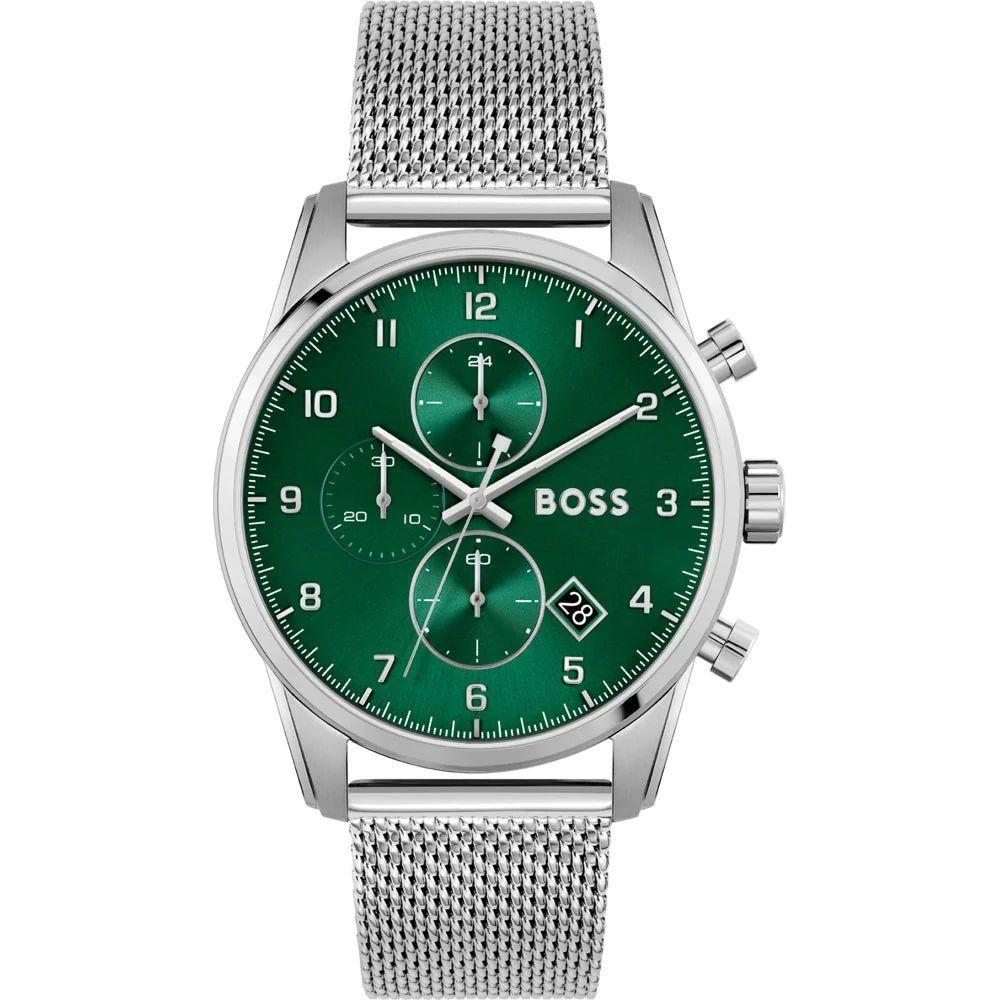 Hugo Boss silver stainless steel quartz watch with green dial and mineral glass, featuring analog display and pressure closure.