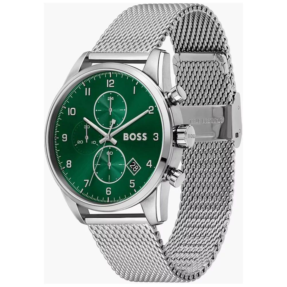 Hugo Boss silver stainless steel quartz watch with green analog dial, mineral glass, 44mm case, and 50m water resistance.