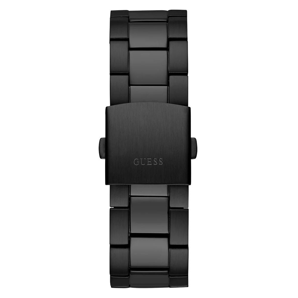 Black stainless steel Guess watch with quartz mechanism, analog display, butterfly clasp, and dual calendar function, water resistant to 5ATM.