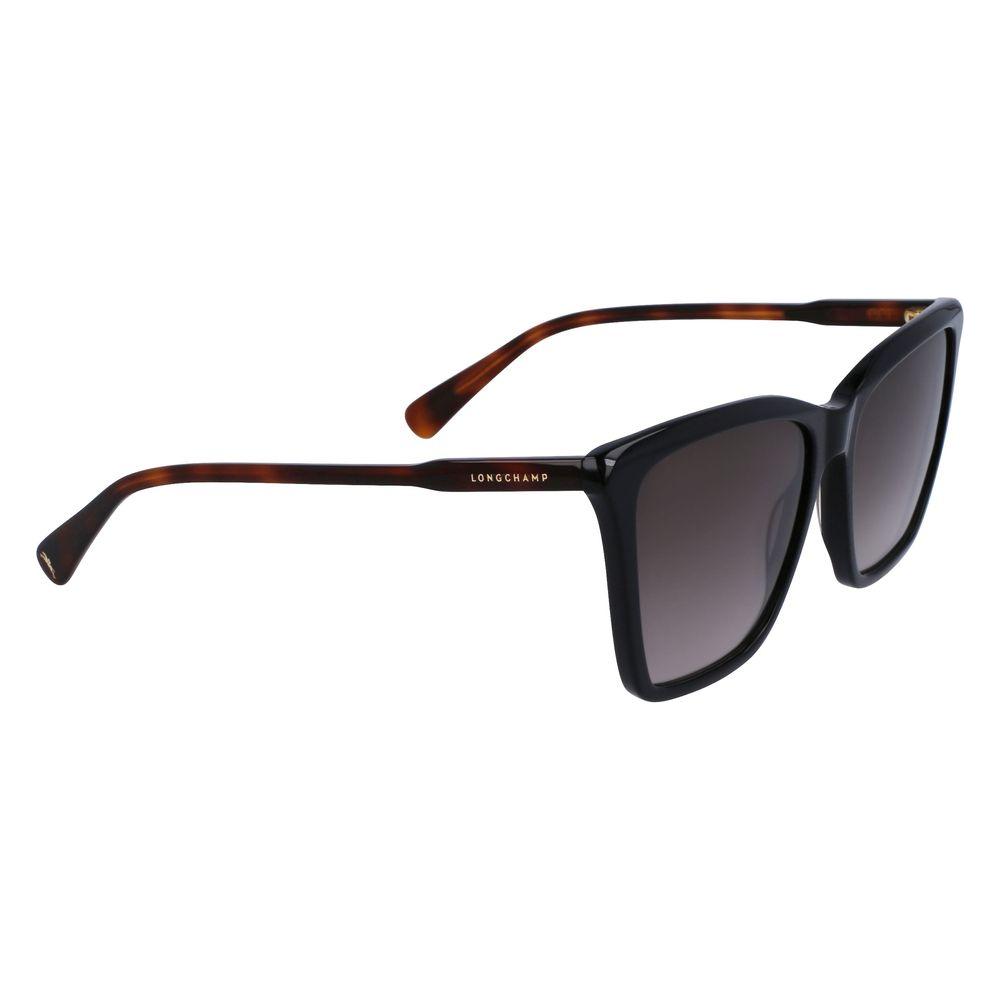 Longchamp black acetate sunglasses with grey lenses, model LO719S-001, featuring a lens/bridge/temple size of 56/16/140mm.