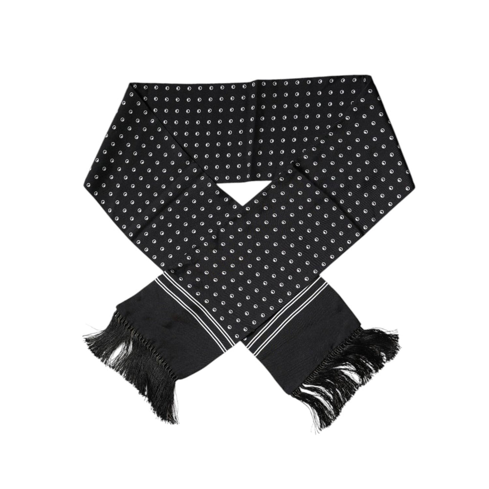 Dolce & Gabbana Black White Polka Dotted Silk Skinny Fringes Scarf MS7195