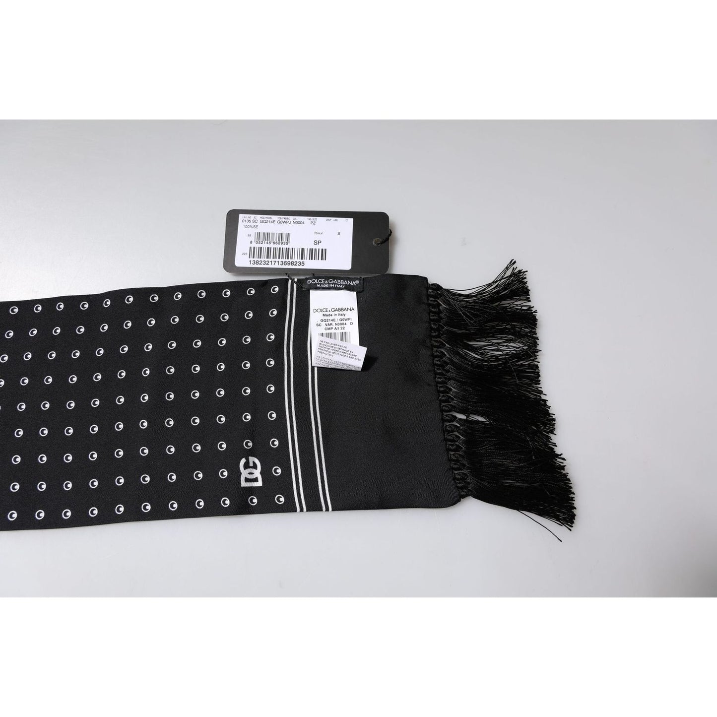 Dolce & Gabbana Black White Polka Dotted Silk Skinny Fringes Scarf MS7195