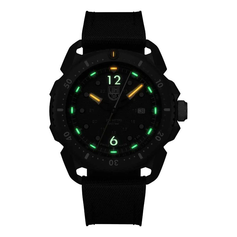 Luminox black rubber watch with glowing analog dial, black carbon case, sapphire glass, water-resistant up to 20ATM.