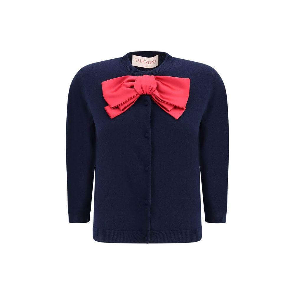 Navy Valentino Bow Cardigan with red satin bow and front button closure