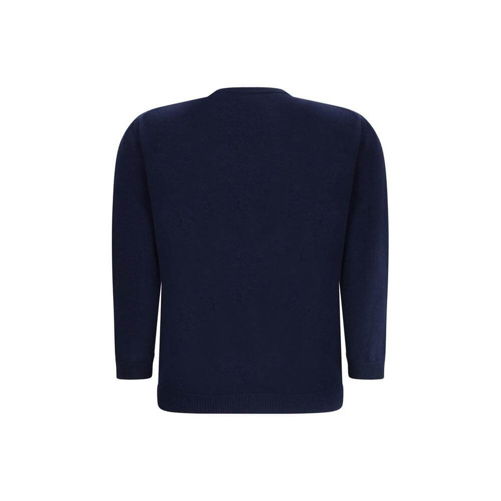 Back view of navy Valentino Bow Cardigan showcasing simplicity and elegance with ribbed crew neck and hems.