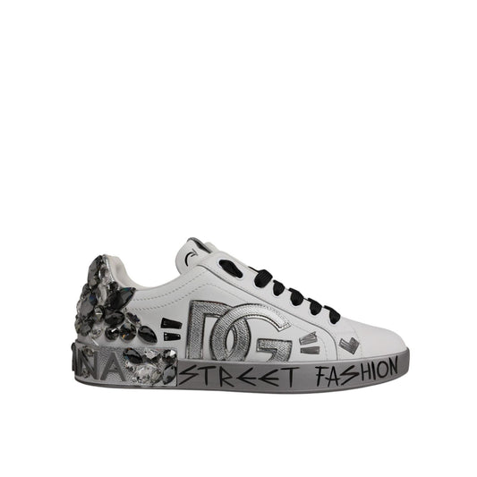Dolce & Gabbana White Silver Crystal Logo Portofino Sneakers Shoes