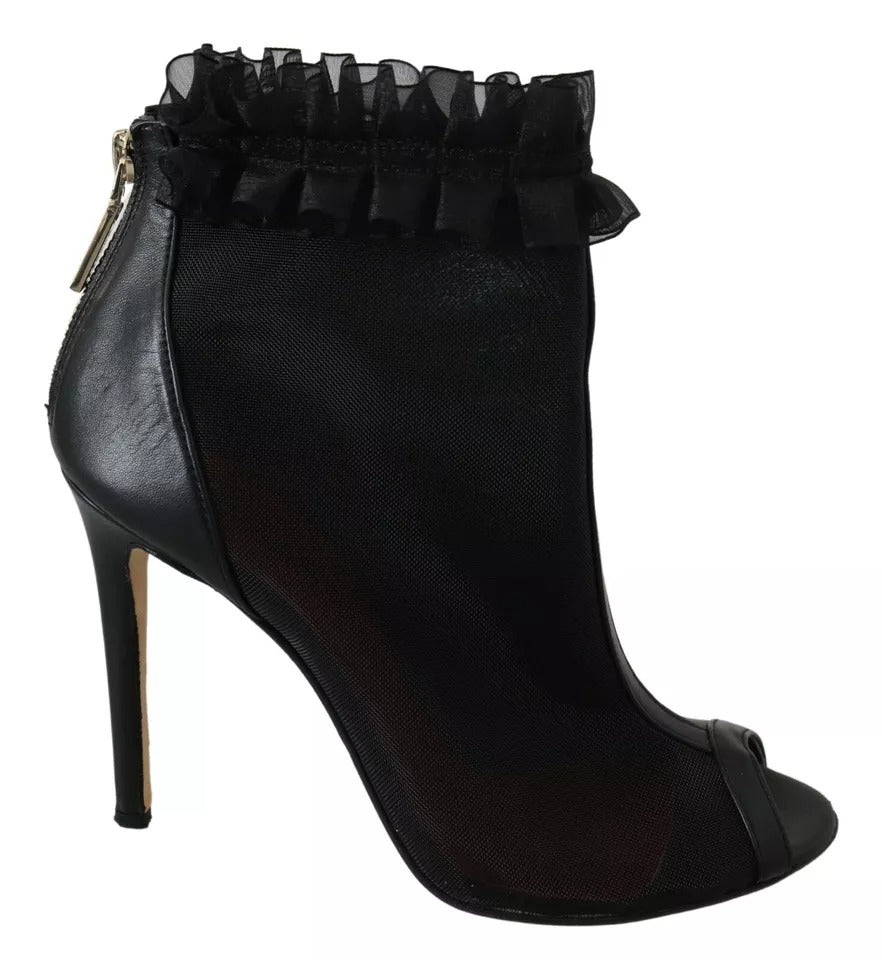 Mangano Black Leather Mesh Stiletto High Heels Peep Toe Boots Shoes LA8423-39
