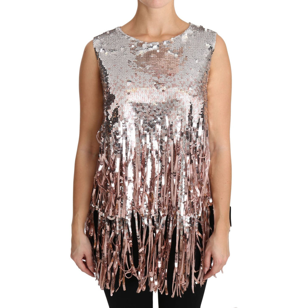 Dolce & Gabbana Golden Pink Sequined Fringe Tank Top DR1574-48