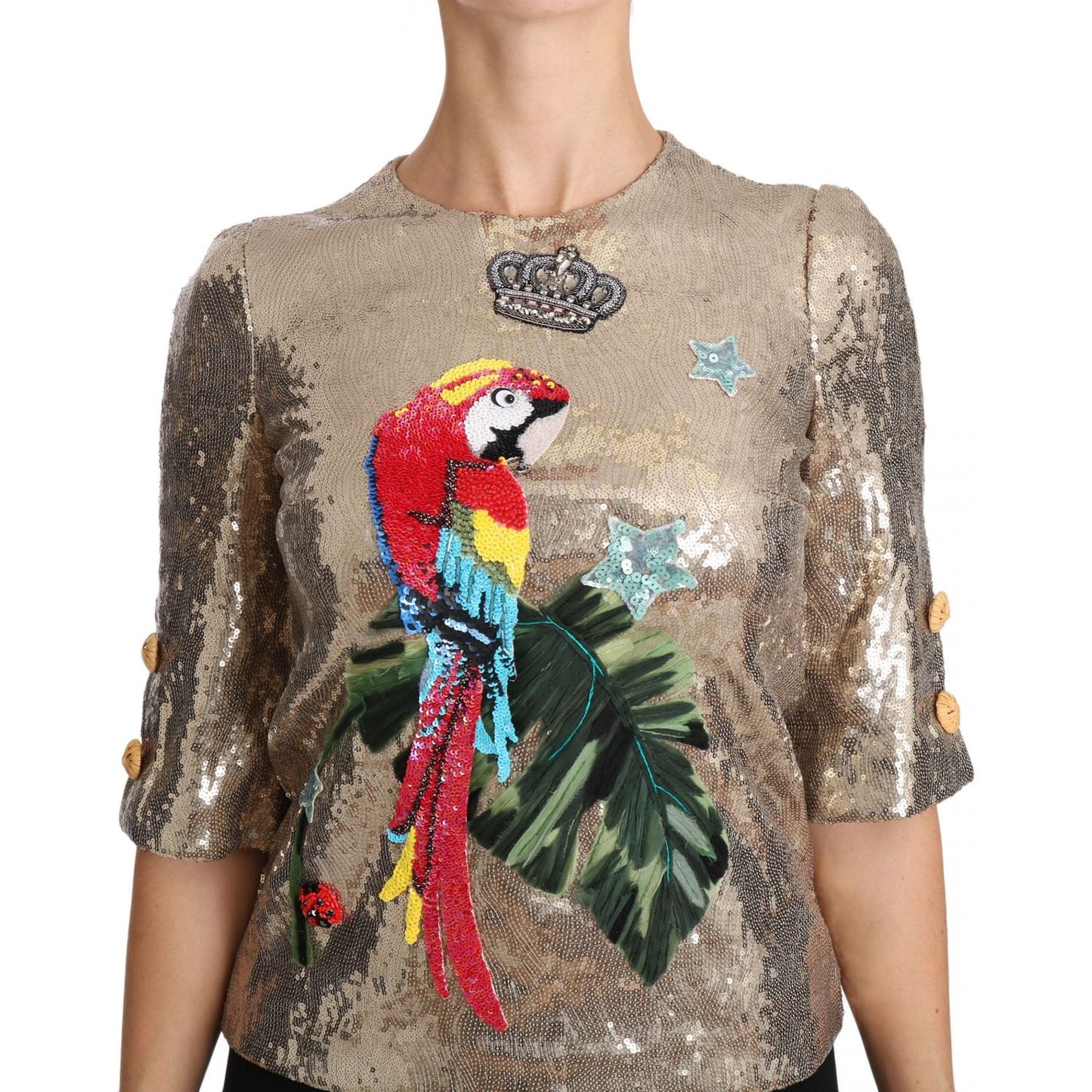 Dolce & Gabbana Gold Sequined Parrot Crystal Blouse TSH3124-36