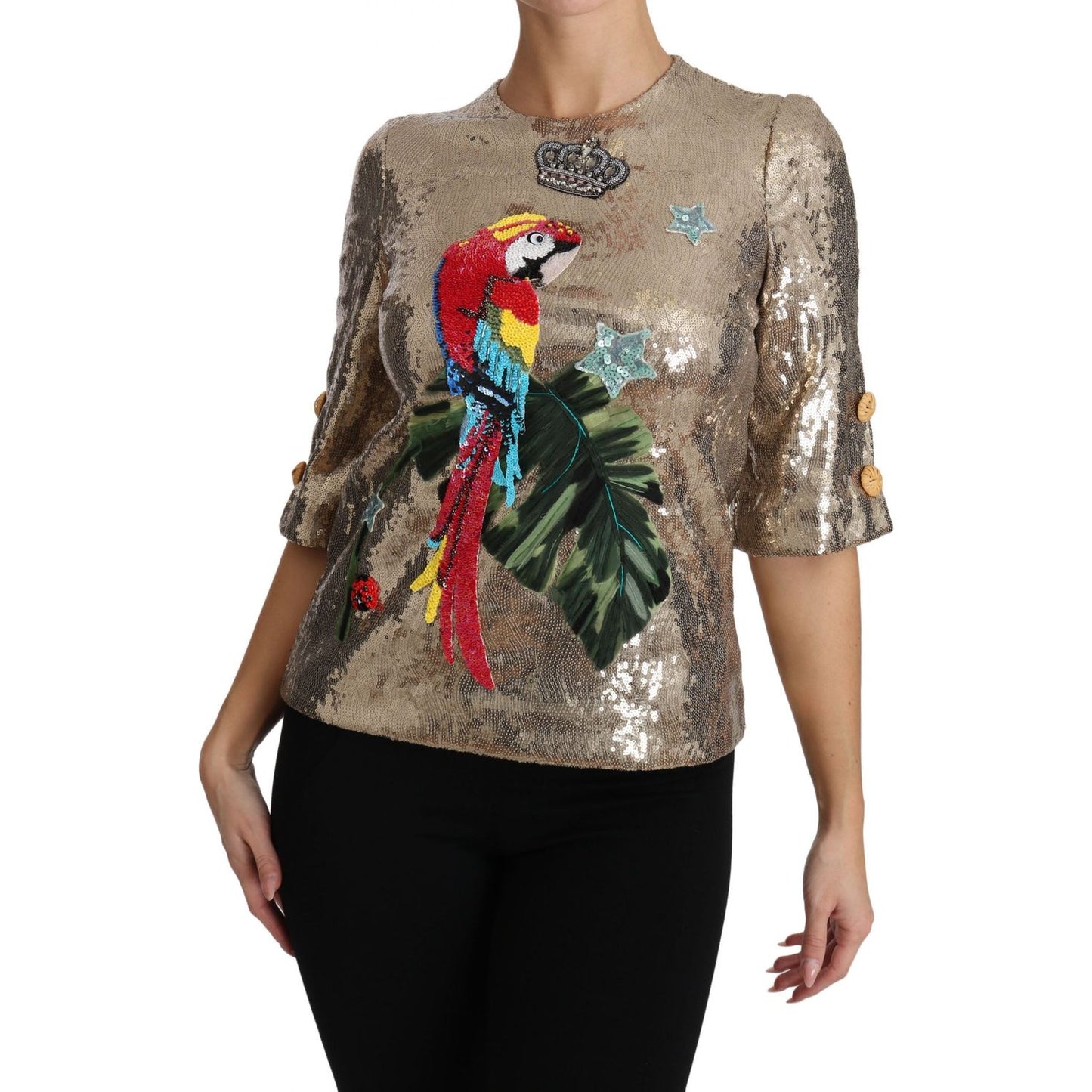 Dolce & Gabbana Gold Sequined Parrot Crystal Blouse TSH3124-36