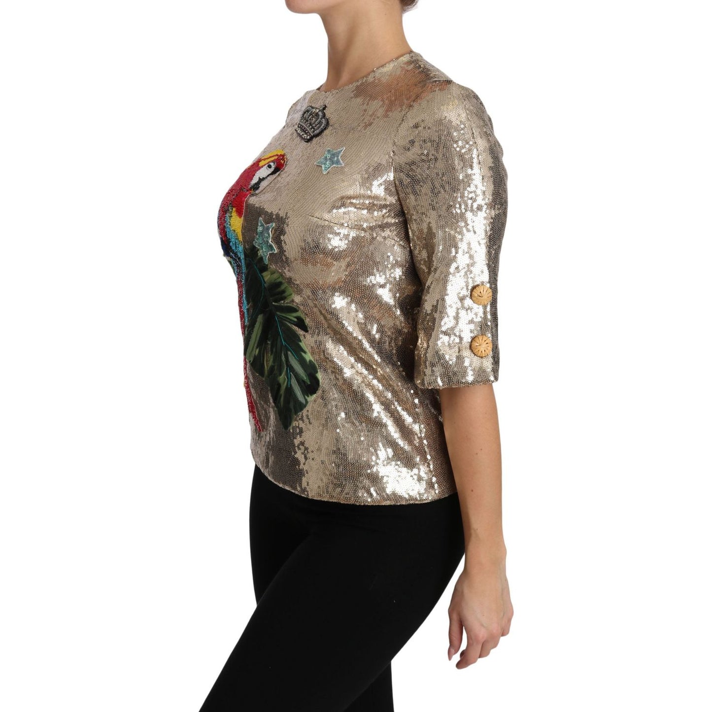 Dolce & Gabbana Gold Sequined Parrot Crystal Blouse TSH3124-36