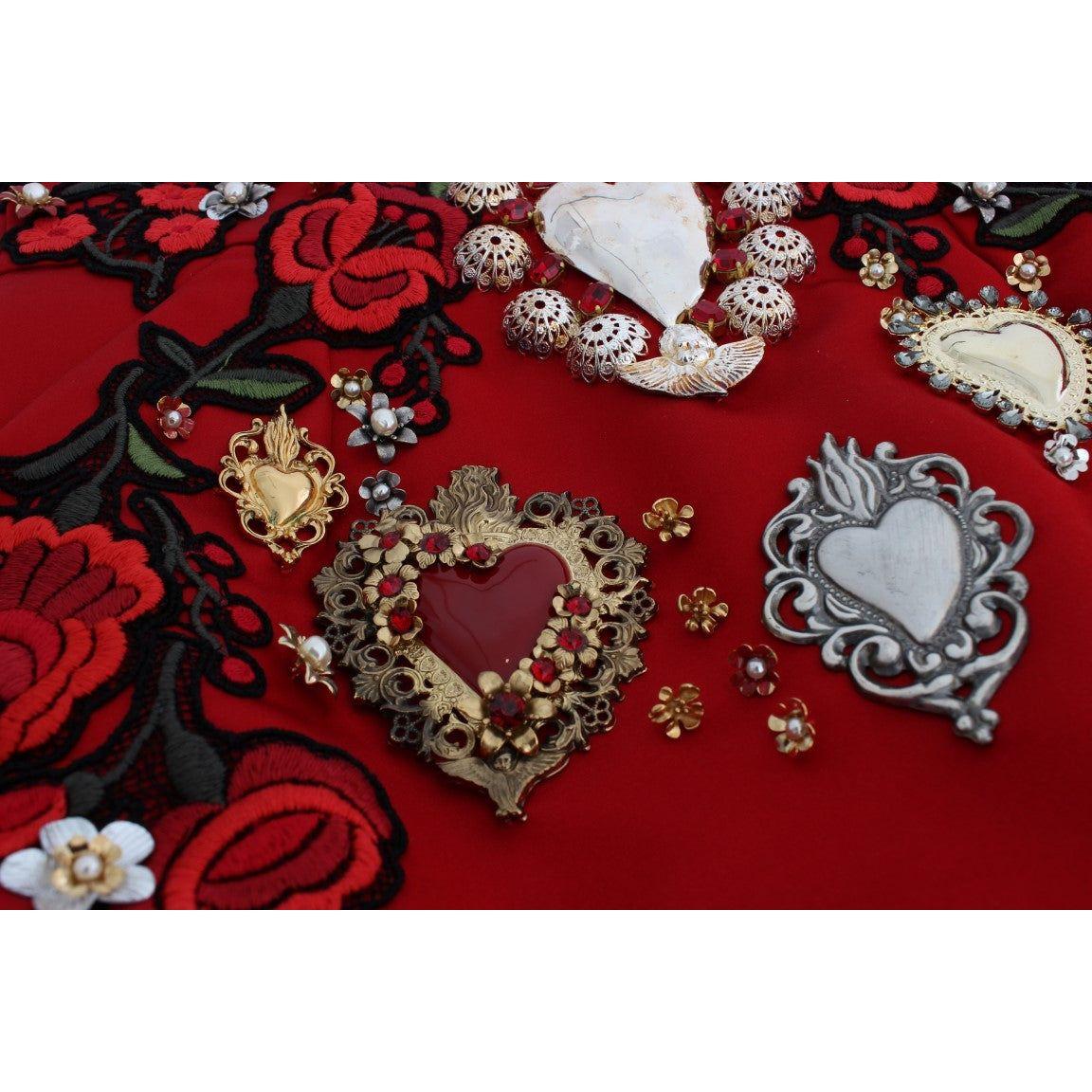 Dolce & Gabbana Red Silk Crystal Roses Shorts