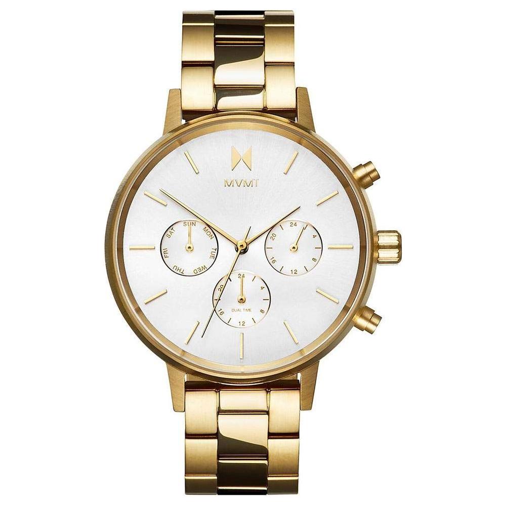 MVMT gold stainless steel watch with quartz mechanism, analog display, silver dial, and mineral glass, featuring a 38mm case.