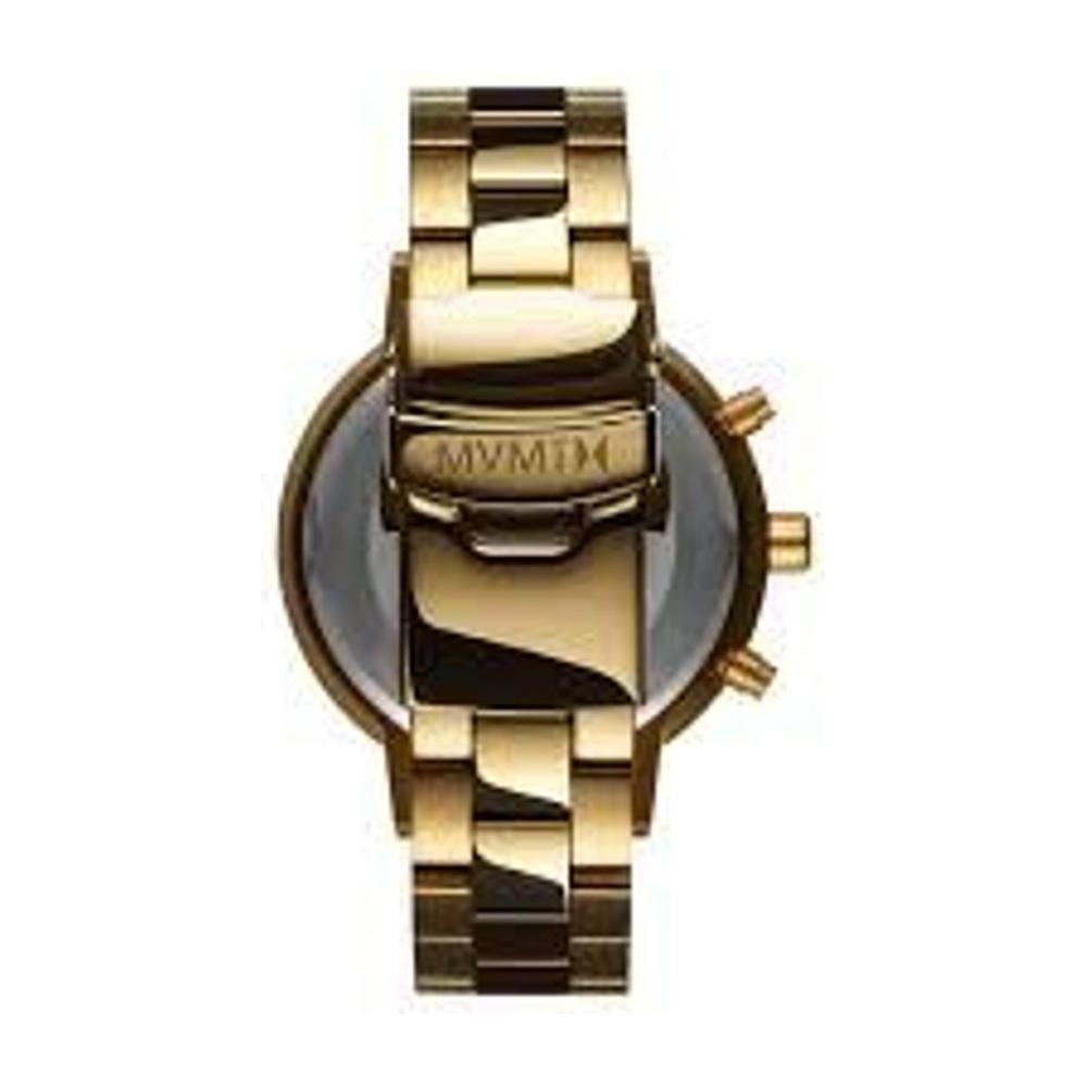 MVMT gold stainless steel watch with quartz mechanism, analog display, and pressure closure, designed for elegance and water resistance up to 50M.