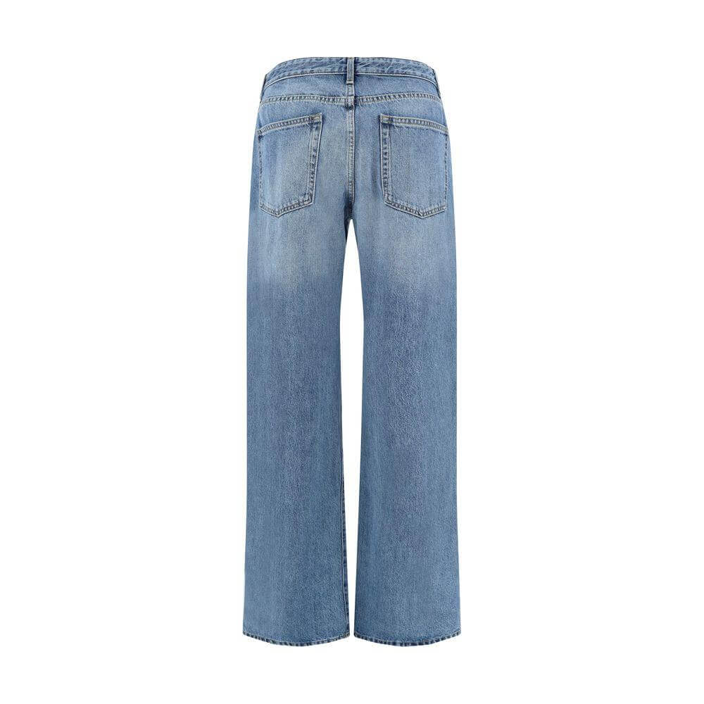 The Row Eglitta Jeans in blue, wide-leg design, minimalist style, rear view showcasing five-pocket silhouette, premium cotton material