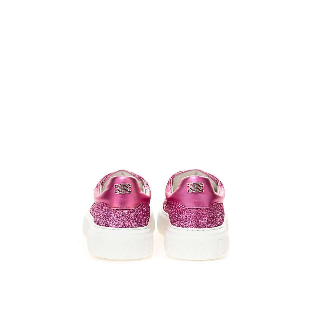 Back view of Casadei Fuchsia Elegance Leather Sneakers showcasing vibrant design and luxury craftsmanship.