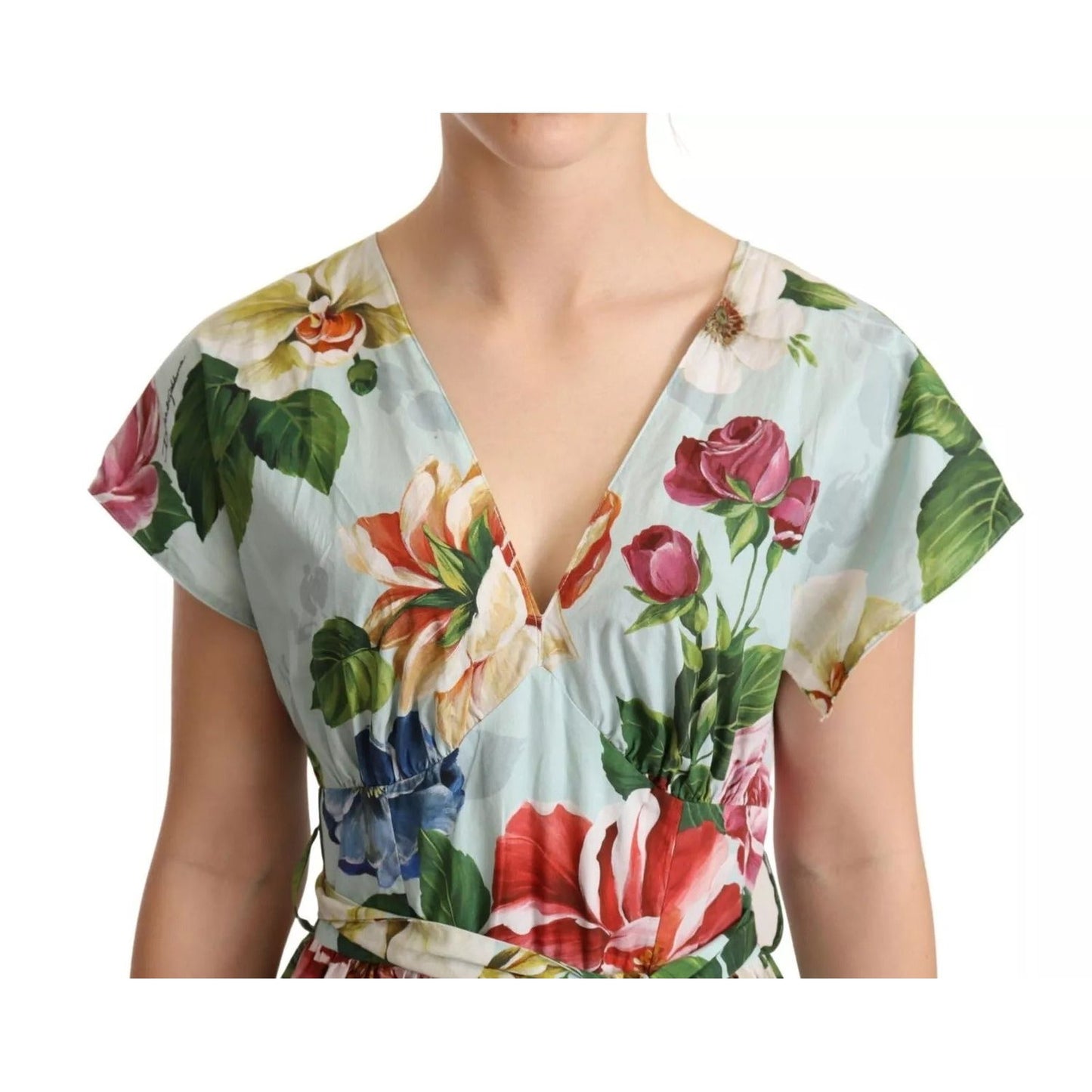 Dolce & Gabbana Green Floral Short Sleeves Cotton V-neck Dress DR281061#2-38