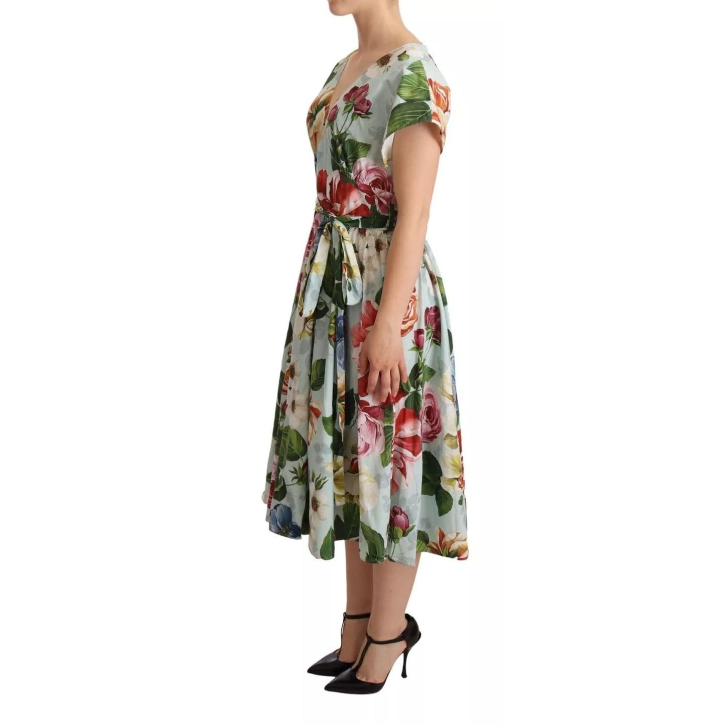 Dolce & Gabbana Green Floral Short Sleeves Cotton V-neck Dress DR281061#2-38