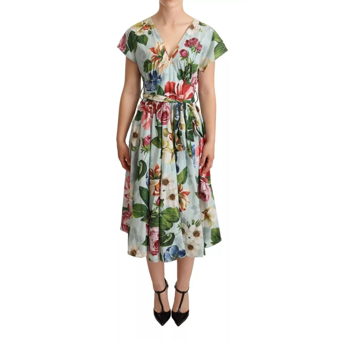Dolce & Gabbana Green Floral Short Sleeves Cotton V-neck Dress DR281061#2-38