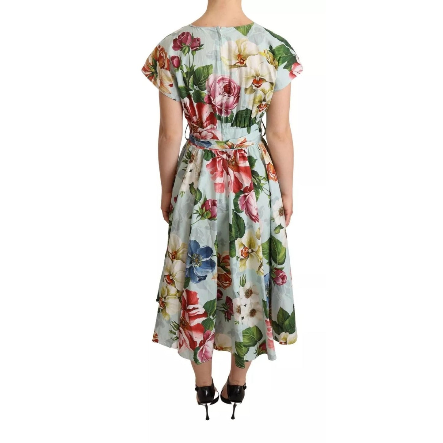 Dolce & Gabbana Green Floral Short Sleeves Cotton V-neck Dress DR281061#2-38