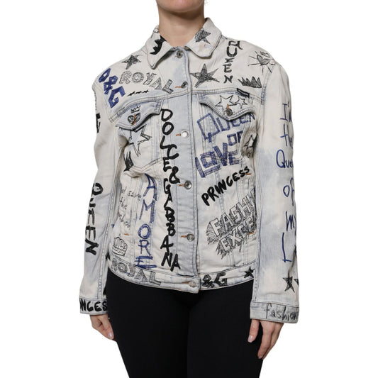 Dolce & Gabbana Light Blue Graffiti Button Down Denim Jacket