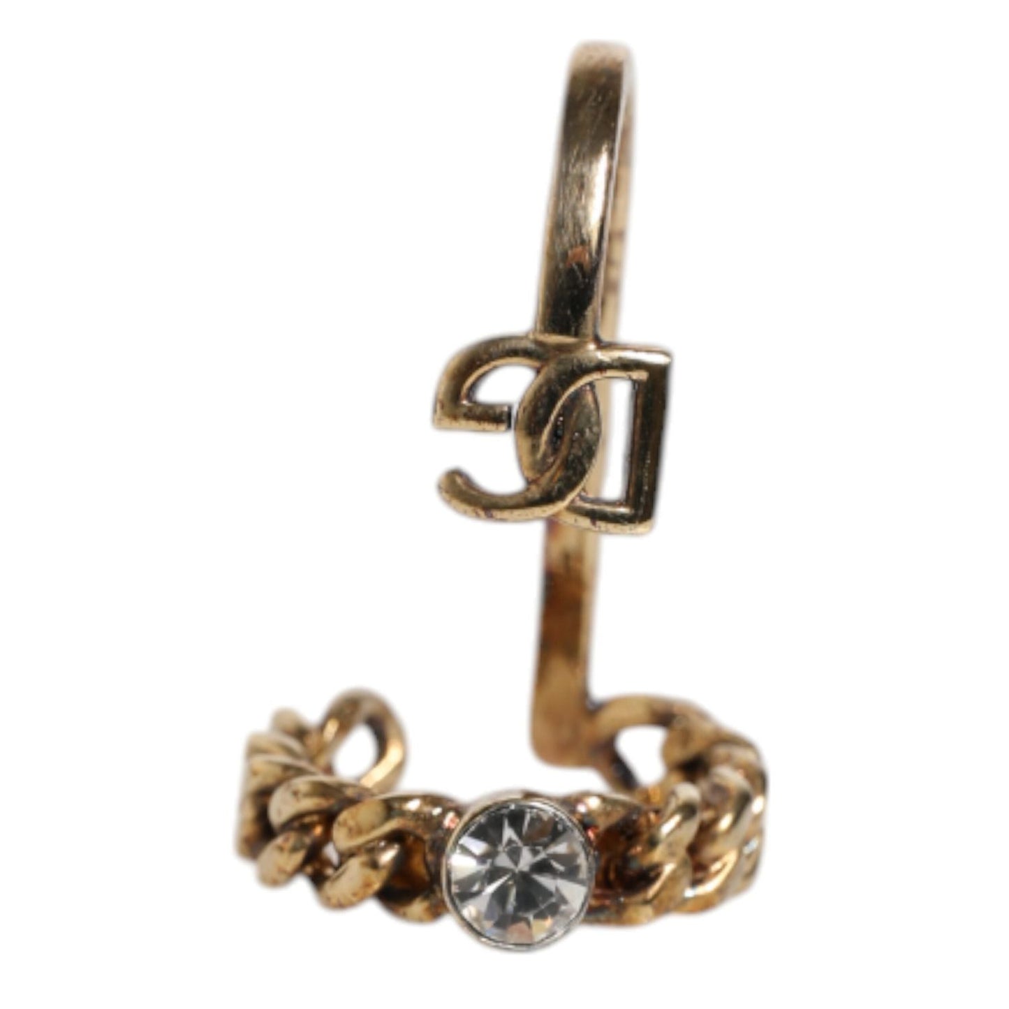 Dolce & Gabbana Gold Tone Engraved Logo Clear Crystals Adjustable Ring